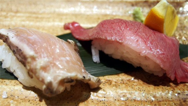 宮崎牛とみやざき地頭鶏の炙り握り寿司