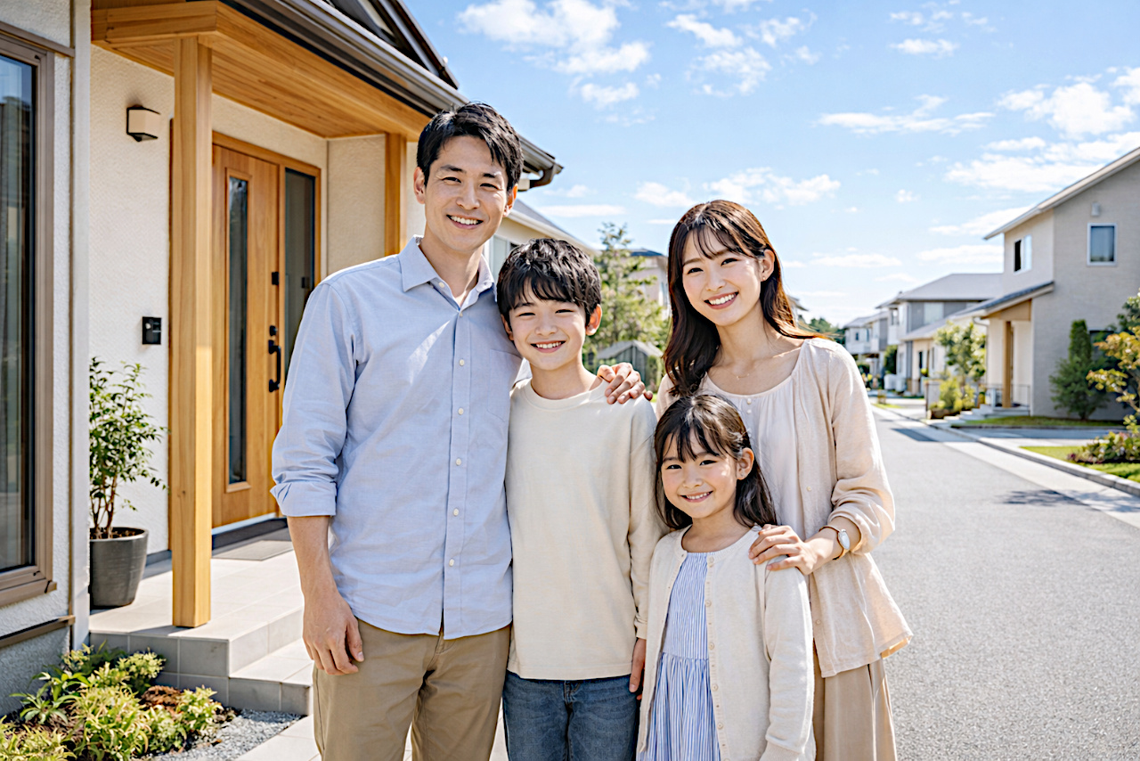 家の前でほほえむ4人家族